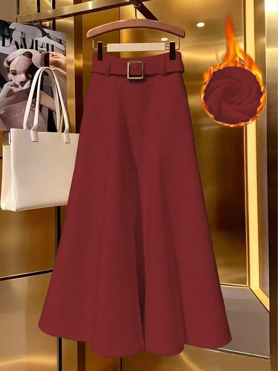 GlowEve 女士休闲纯色A字半身裙，带保暖内衬，秋冬季 - 酒紅色 - 查看 1