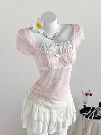 Sweetra Camiseta casual de mujer con parches de encaje y decoración de lazo, adecuada para ir al trabajo, viajar, pasear, picnic, primavera/verano/otoño