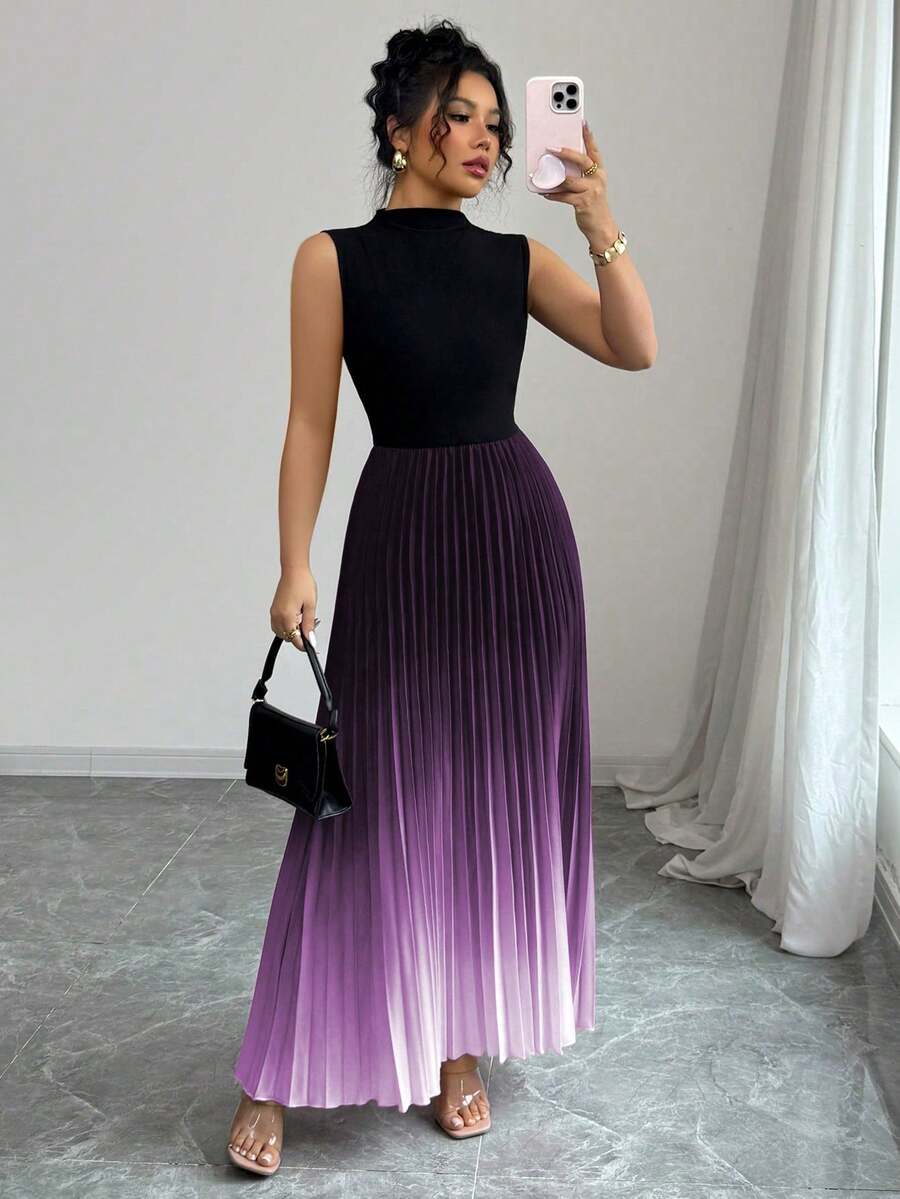 Elenzga Đầm xếp ly ombre màu đen, kiểu dáng thanh lịch, thường ngày dành cho nữ - Màu tím - Xem 1