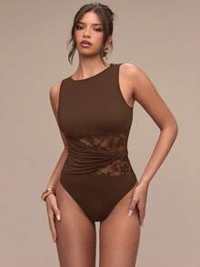 SHEIN BAE Women's Summer Casual Commuting Minimalist Solid Color Patchwork Sheer Lace Ruched Twist Bodysuit - Brown - View 6
