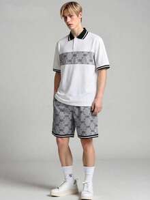 Vacaura 青少年男童夏季短袖字母印花 Polo 衫和短裤，拼接设计，适合户外运动，休闲时尚青少年套装