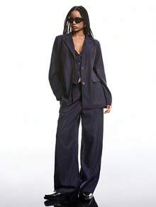 LYSMO Women's Casual Commuter Striped Blazer Vest And Pants Suit Set In Fall/Winter - Navy Blue - View 1