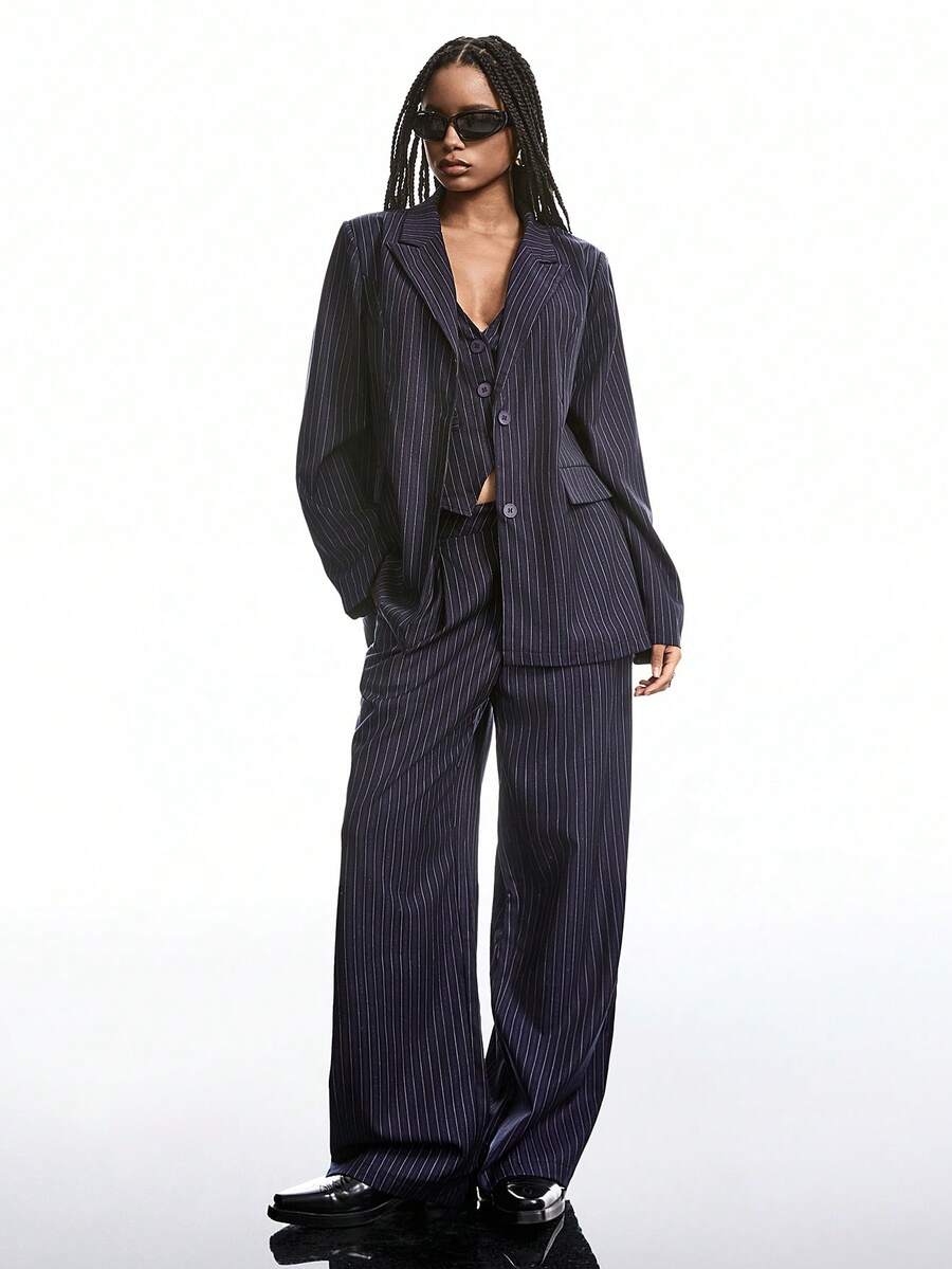 LYSMO Women's Casual Commuter Striped Blazer Vest And Pants Suit Set In Fall/Winter - Navy Blue - View 1