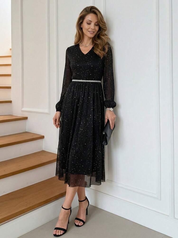Elegant Party Women's Dress, Mesh Sequin Fabric Puff Sleeve Fit & Flare Dress, V-Neck Black Graceful Midi Dress, Suitable For Elegant Outings, Parties And Gatherings, Autumn/Winter Black Glitter Dress Black Sparkle Dress Long Sleeve Elegant Dress Elegant Midi Dress Celestial Dress, Fall Clothes For Women,Lack Dress,Wedding Guest Party Dress