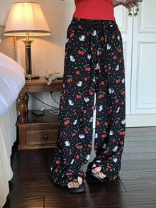DAZY Cherry Dog Print Loose Women Pajama Bottoms - Black - View 5