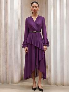 Aveloria Modichic Vestido de manga larga con cuello en V, cintura ceñida, doble capa de volantes y cinturón de contraste, versátil para la oficina y el transporte - Morado - Ver 6