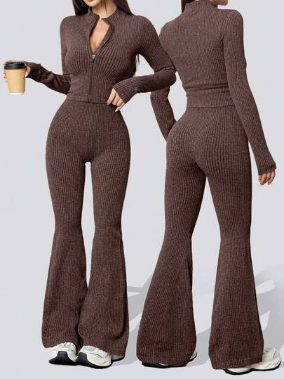Dewbera Women's Seamless Yoga Sports Zip-Up Crop Top And High Waist Sports Leggings Set Brown 2 Piece Set Two Piece Pants Set Flared Leggings Set Long Sleeve Set For Women Brown Set Women Brown Ribbed Set