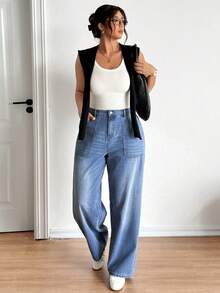 SHEIN CURVE+ Plus Size Fashionable Versatile High Waist Jeans,Loose Plus Size Denim Pants,Straight Wide-Leg Jeans,Light Wash Denim Pants,Elastic Waistband Denim Pants,Multi-Pocket Denim Pants,High-Waist Elastic Waistband Straight Wide-Leg Pants,Plus Size Loose Denim Pants,Multi-Pocket Straight Jeans,Office Casual Versatile Light Wash Denim Pants,Office Casual Versatile Multi-Pocket Denim Pants,Vacation Casual Denim Pants,All-Season Versatile Loose Wide-Leg Pants,Valentine's Day - Blue - View 3