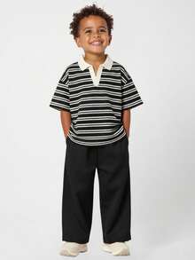 2pcs Kids Boys Casual Ribbed Collar Short Sleeve Knit T-Shirt And Solid Color Woven Pants Set, Suitable For School, Garden, Beach, Birthday, Spring, Summer, Fall, Winter - Multicolor - View 1