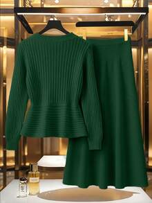 GlowEve CURVE Plus Size Women Solid Color Round Neck Asymmetric Hem Sweater And Knitted Skirt Casual Suit, Autumn/Winter - Dark Green - View 2