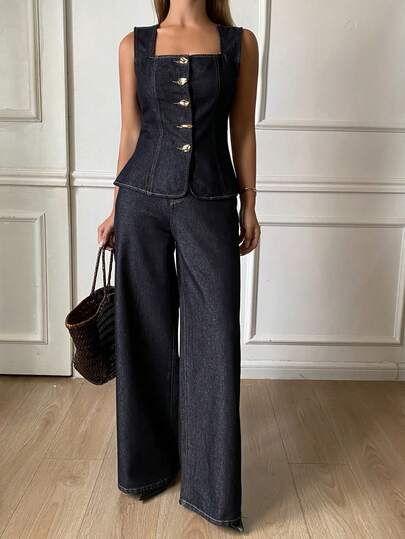 DAZY Women's Casual Fashion Daily Commute Square Neck Single-Breasted Fitted Denim Vest And Wide-Leg Denim Pants Set, Spring/Summer