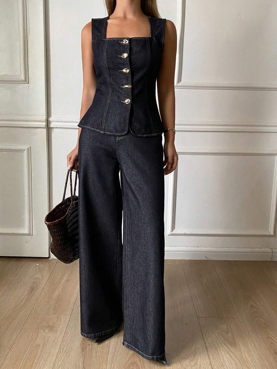 DAZY Bộ đồ nữ thời trang thường ngày, cổ vuông, cài một hàng khuy và quần jean ống rộng, thích hợp cho đi làm, mùa xuân/hè. - Màu xanh lam - Xem 1