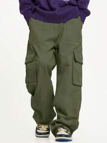 Chillumni Men's Casual Fashion Street Simple Versatile Solid Color Flap Pocket Side Loose Cargo Pants - Army Green - View 3
