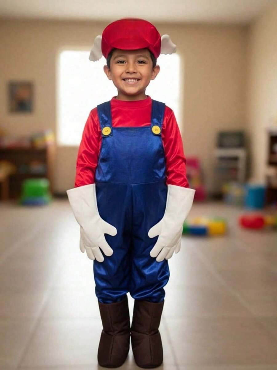 Disfraz infantil de plomero clásico rojo y azul para niño, overol con gorra, guantes y botas, ideal para Halloween, fiestas temáticas, cumpleaños, festivales escolares, carnaval y cosplay, cómodo, ligero y llamativo para niños pequeños - azul - Ver 1