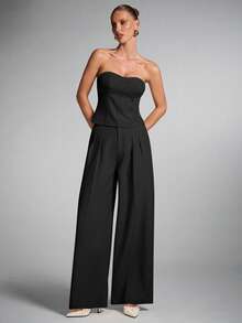 SHEIN BAE Women's Fashionable Solid Color Bandeau Blazer & Pants Set - Black - View 5