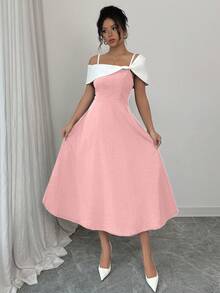 Elenzga Women's Elegant Commuter Contrast Color Patchwork Asymmetric Collar Dress - Pink - View 4