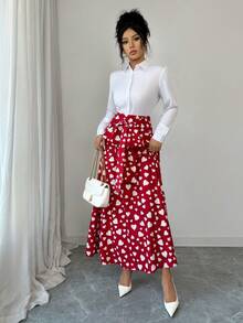 Elenzga Women's Elegant Red Tie-Waist Bowknot Skirt, Versatile For Dates And Occasions, Spring/Summer - Red - View 1