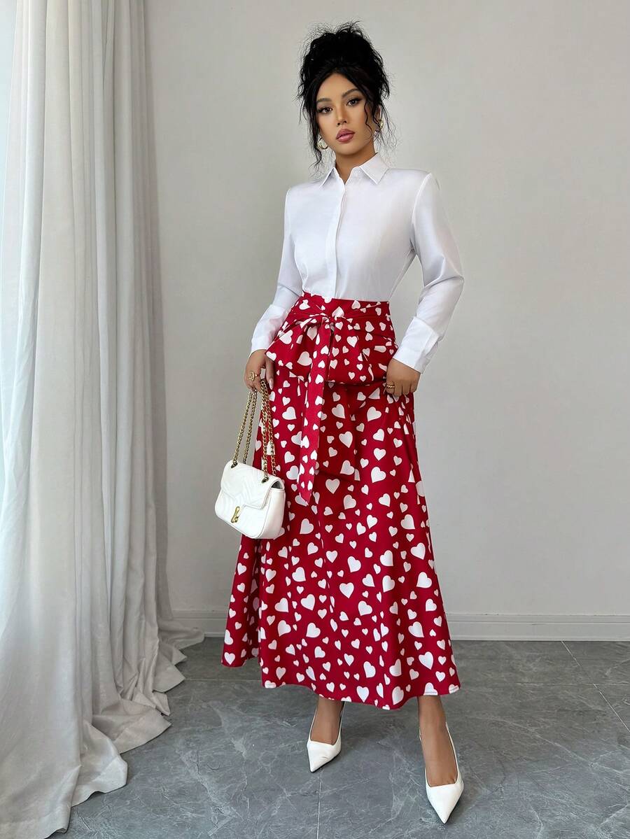 Elenzga Women's Elegant Red Tie-Waist Bowknot Skirt, Versatile For Dates And Occasions, Spring/Summer - Red - View 1