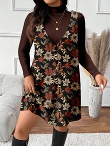 SHEIN Frenchy 优雅秋叶印花加大码女装两件套，适合秋冬季、新年、音乐派对等场合 - 彩色 - 查看 4