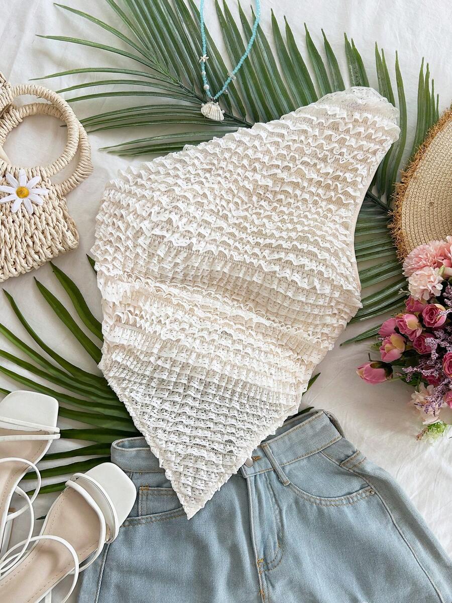 Soleia 夏季女士度假针织纹理不对称下摆上衣，春季女士情人节海滩装扮，适合女士生日外出穿着，优雅休闲度假风 - 彩色 - 查看 1