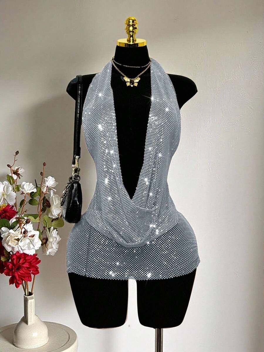 EgrlEra Women's Deep V Neck Sequin Fishnet Dress, Rhinestone Embellished Sparkling, Suitable For Bar Party, Carnival, Club Outfit Sequin Top Sparkle Top - Light Grey - View 1