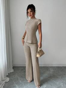 Elenzga 2pcs/Set Ribbed Short Sleeve Top And Pants, Casual & Elegant - Apricot - View 7