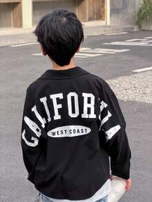 SHEIN Little Byeori 男童休闲宽松字母印花长袖衬衫，纽扣开襟，适合通勤、上学、日常休闲、旅行、运动，春夏秋冬皆宜。 - 黑色 - 查看 6