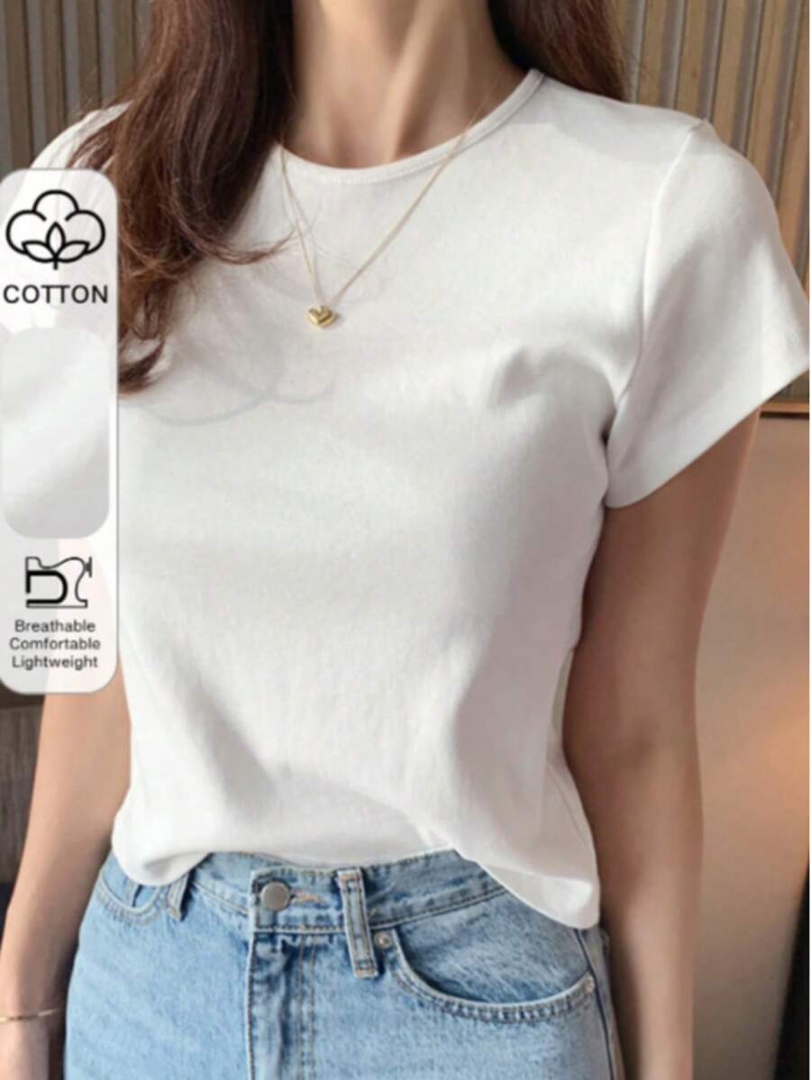 Camiseta básica de mujer de manga corta, cuello redondo, unicolor blanco, para primavera/verano, estilo casual de oficina - BLANCO - Ver 1