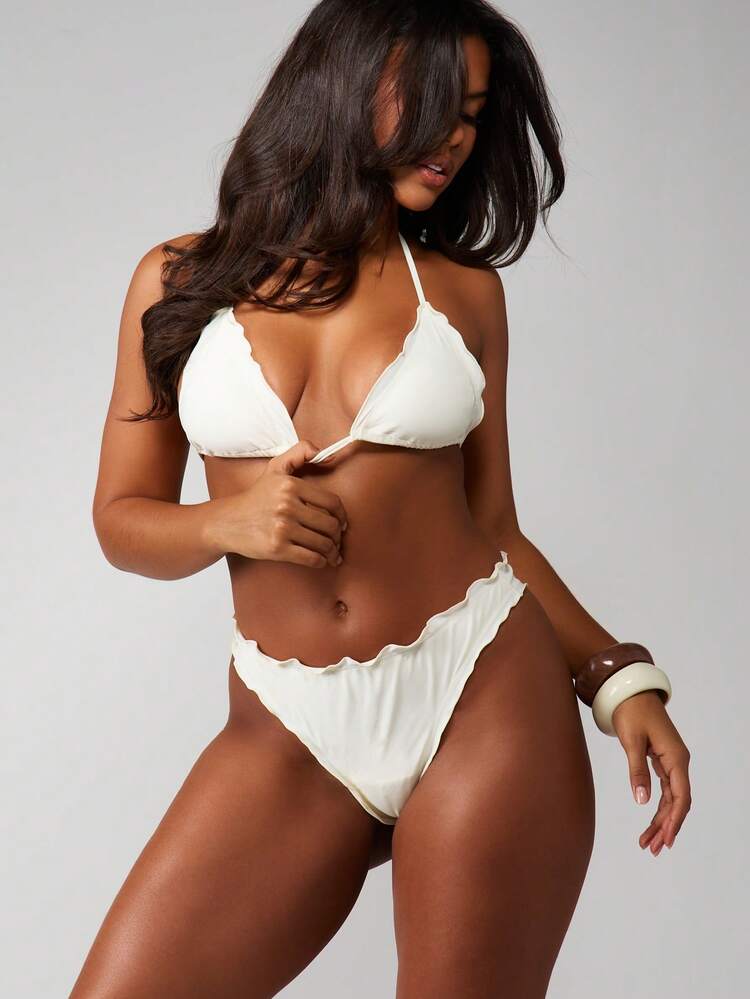 MISSGUIDED Scalloped Edge High Rise Bikini Bottom With Lettuce Hem Detail Summer Beach Swimwear Cheeky Coverage