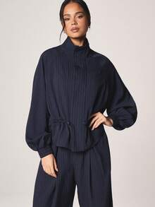 MISSGUIDED Pinstripe Funnel Neck Elasticated Waist Bomber Jacket With Drawstring Closure And Ribbed Cuffs For Fall Winter Casual Wear - Navy Blue - View 1