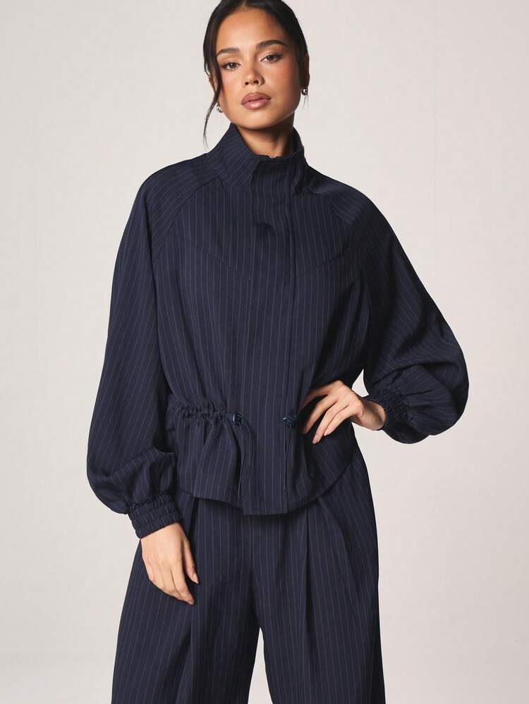 MISSGUIDED ドローストリング付きピンストライプ ファネルネック ボンバージャケット