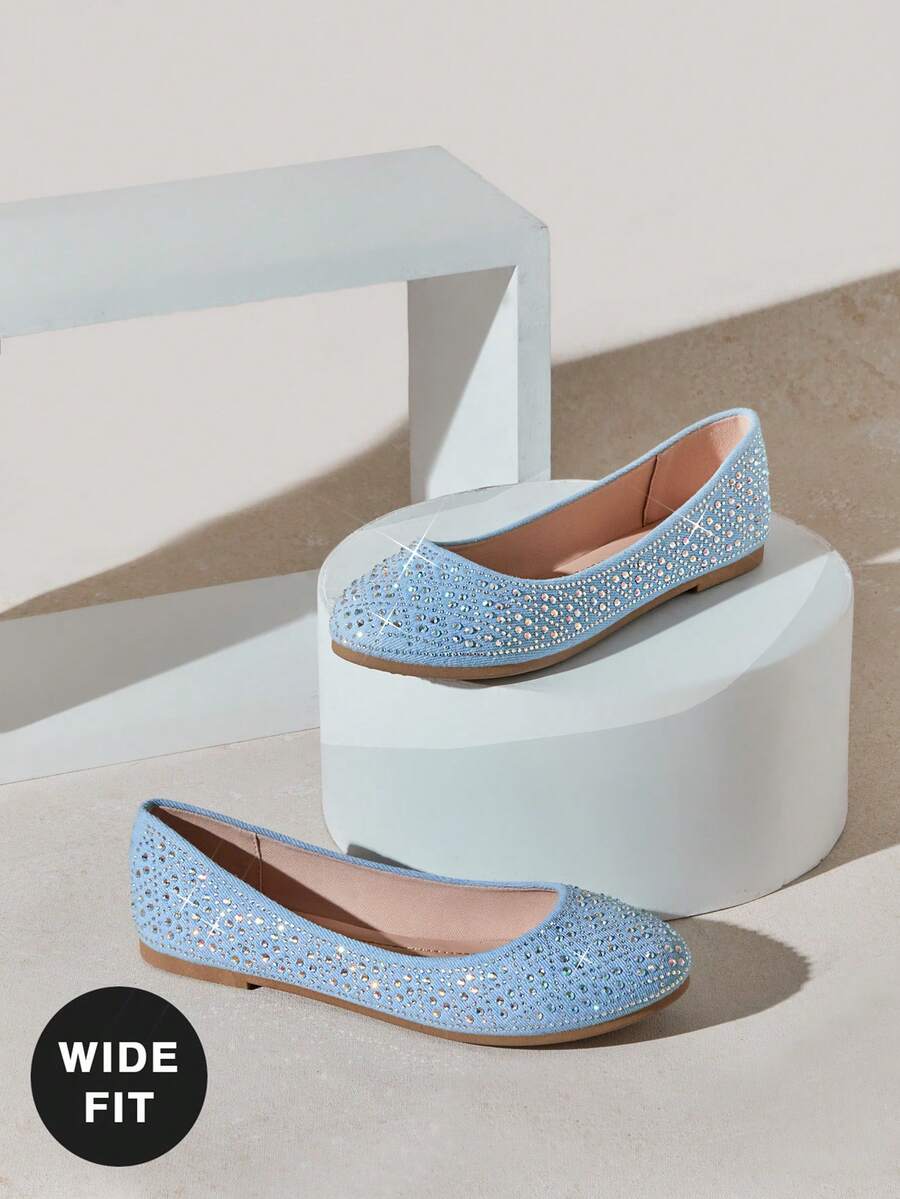 SHUZIA Women's Wide-Fit Comfortable Round Toe Rhinestone Flats - Baby Blue - View 1