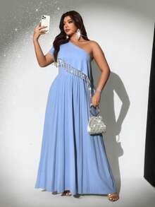 Viva Relle Plus Size Women's Romantic Elegant Luxurious Party/Wedding Dress With Asymmetric Shoulder Cape Sleeves, Spring/Summer - Blue - View 4