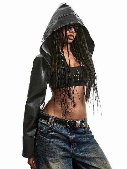 SHEIN EZwear 秋冬季超短款PU皮革露背性感连帽长袖女式外套