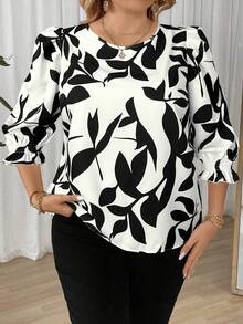 Elenzga Plus Size Floral Print Casual Shirt, Beige Background With Black Flowers, Round Neck, Spring/Autumn - Multicolor - View 5