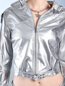 ROMWE Avant Retro Y3K Punk Racer Biker Style Casual Street PU Silver Fabric Short Women Jacket - Silver - View 2