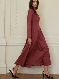 Aveloria Rosie Fashionable Pleated High Waist Solid Color A-Line Long Sleeve Dress