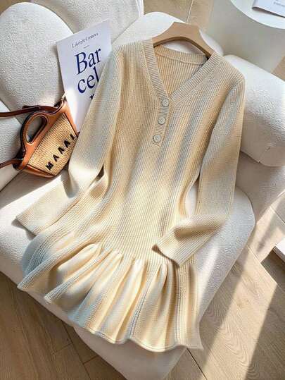 Franclia V-Neck Long Sleeve Solid Color Knit Bodycon Dress, French Style Plus Size Sweater Dress For Autumn/Winter Pastel Yellow Cottagecore Clothes Butter Yellow Clothes