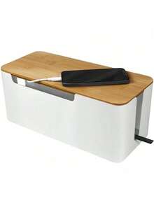 线缆管理盒，实木盖，适用于台式机、电视、电脑、USB集线器系统的线缆整理器，用于遮盖和隐藏电源板和线缆 - 白色 - 查看 8