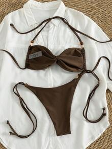 Swim SXY Bộ bikini thời trang thanh lịch, màu nâu, đính hạt, kiểu dây buộc cổ sau, dành cho nữ, thích hợp cho lễ hội âm nhạc bãi biển mùa xuân/hè. - màu nâu - Xem 2