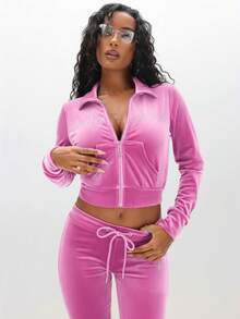 BABYPHAT Velour Funnel Neck Zip Up Sweatshirt With Rhinestone Embellishments Long Sleeve Cropped Top For Fall Winter Casual Wear - Pink - View 7