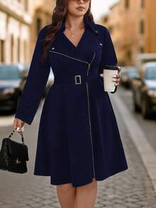 EMERY ROSE 大码女式休闲日常办公通勤简约纯色翻领拉链系带连衣裙 - 藏蓝色 - 查看 4