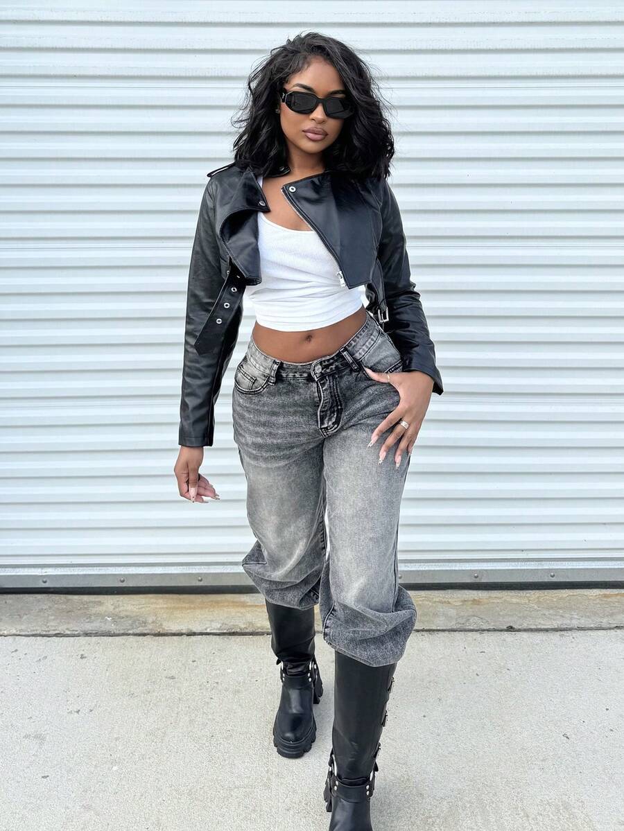 Alexandranx 秋冬拉链PU短款机车夹克 - 黑色 - 查看 1