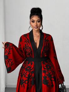 Maweii 大码优雅印花撞色腰部喇叭袖连衣裙，秋季款 - 紅色 - 查看 6