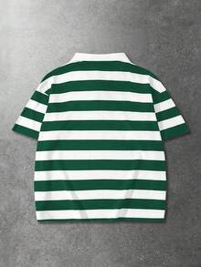 ROMWE MEN Men's Casual Loose Fit Striped & Figure Print Short Sleeve Polo Shirt - Green - View 2