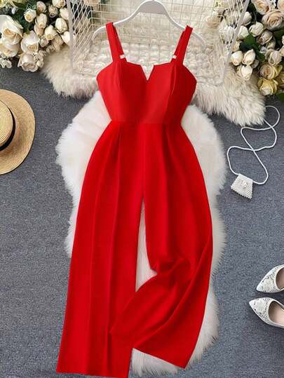 DreamSkyne Women's Plus Size Elegant Pure Red Woven Non-Stretch Fabric Camisole Design Front V-Neck Shirred Back Waist Wide-Leg Jumpsuit, Perfect For Parties, Gatherings, Night Outs, Christmas, Halloween, New Year's, Valentine's Day Romantic Dates, Concerts, Fashionable Versatile Statement Piece, New Women's Plus Size Fashion Item Spaghetti Strap Long JumpsuitValentine's Day