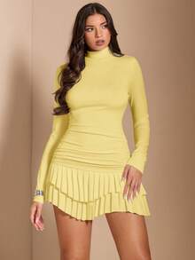 SHEIN BAE Elegant Pale Yellow Long Sleeve Bodycon Ruched Mini Double-Layer Dress,Autumn Night Out Outfit For Cocktail Parties, Dates & Formal Events - Yellow - View 10