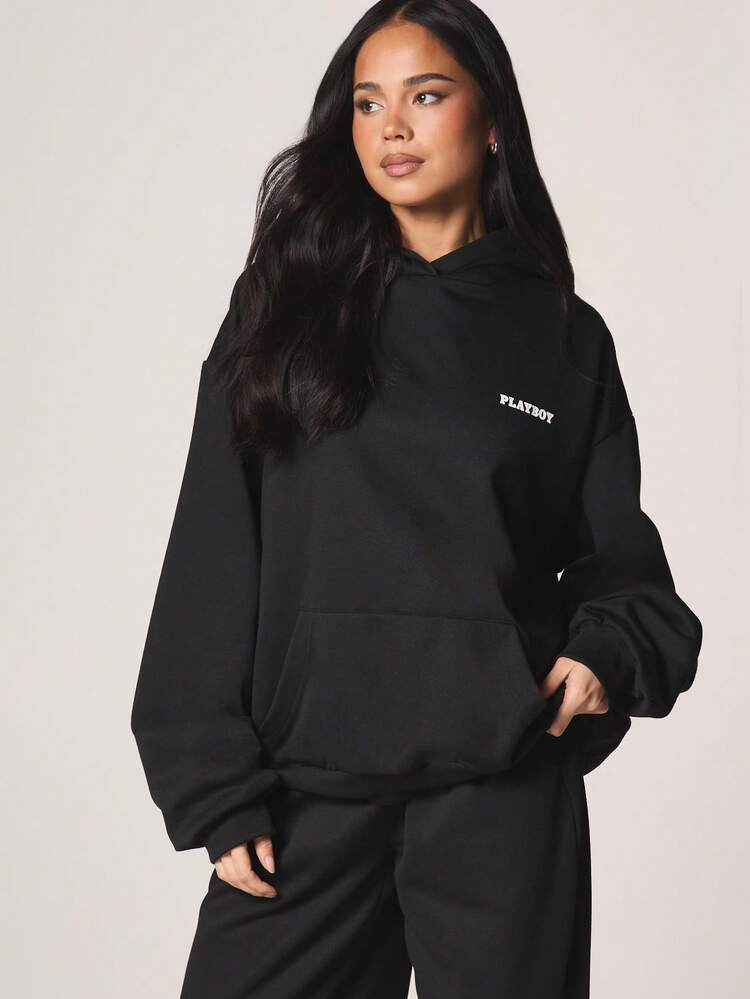 Missguided x Playboy Oversized Magazine Print Hoodie Long Sleeve Pullover Sweatshirt With Graphic Back Design