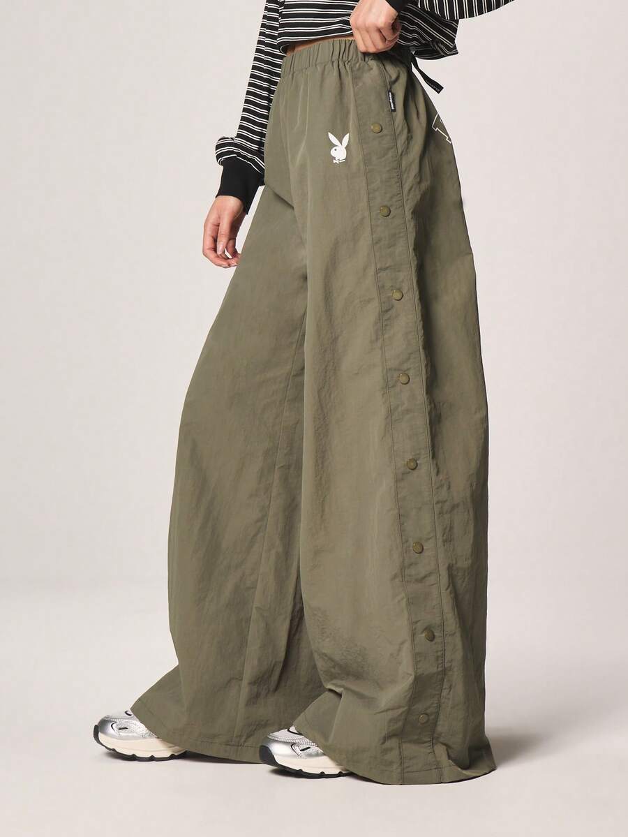 Missguided x Playboy Women High Waisted Olive Snap Button Wide Leg Palazzo Pants With Logo Print - Army Green - View 1
