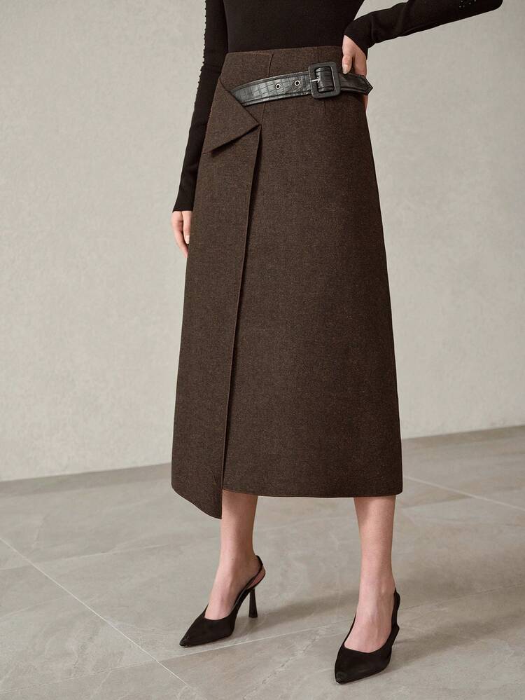 WOMEN'S ASYMMETRIC HEM BELTED DECOR SKIRT